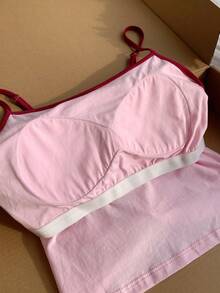 Comfortcana 女款粉色墊肩內衣背心，夏季休閒日常配色拼接飾邊吊帶衫，海灘節慶多功能度假鄉村風上衣 - 粉色 - 查看 5