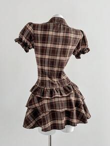 SHEIN PETITE Đầm nữ kẻ caro tay ngắn cài một hàng khuy, viền bèo nhún. - Nhiều màu - Xem 2