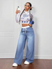 SHEIN EZwear 大码女式抽绳腰带休闲百搭日常牛仔裤 - 藍色 - 查看 2