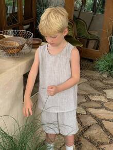 Dazy Kids Áo sơ mi không tay cài một hàng khuy có túi và quần short cho bé trai, trang phục thường ngày mùa hè. - Màu be - Xem 2