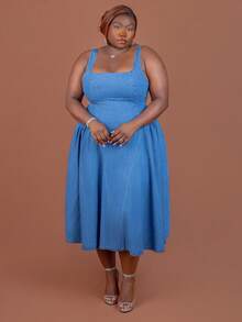 CurvyTilda Plus Size Women's Square Neck Ruffle Denim Sleeveless Dress, For Hourglass Body Shape - Blue - View 6