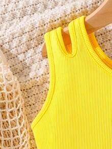 SHEIN Young Girl Vacation Solid Color Asymmetric Neck Camisole And Lemon Print Wide Leg Pants Set - Yellow - View 4