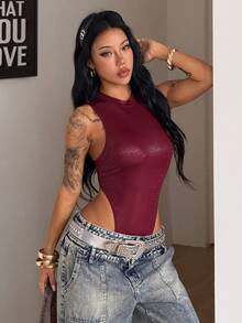 Coolane 女士秋冬Y2K皮革连体紧身衣 - 酒紅色 - 查看 5