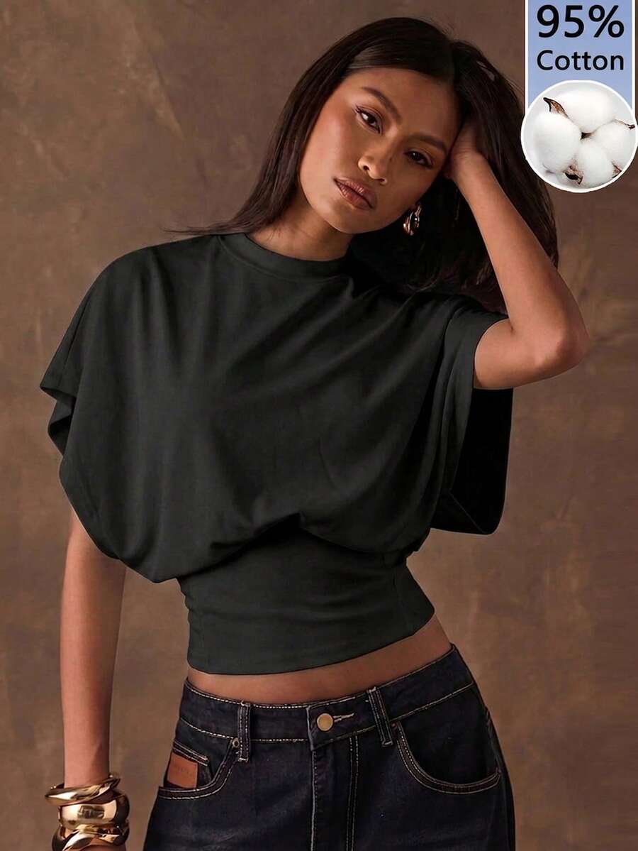 SHEIN BAE 95%纯棉短袖T恤,黑色,适合夏季穿着 - 彩色 - 查看 1