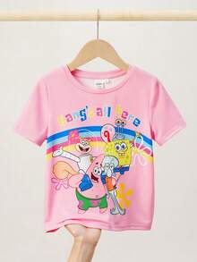 SpongeBob SquarePants | SHEIN Áo thun ngắn tay in chữ hoạt hình ngộ nghĩnh dành cho bé gái, thích hợp mặc đi nghỉ mát và đi làm, mùa hè. - Hồng - Xem 1