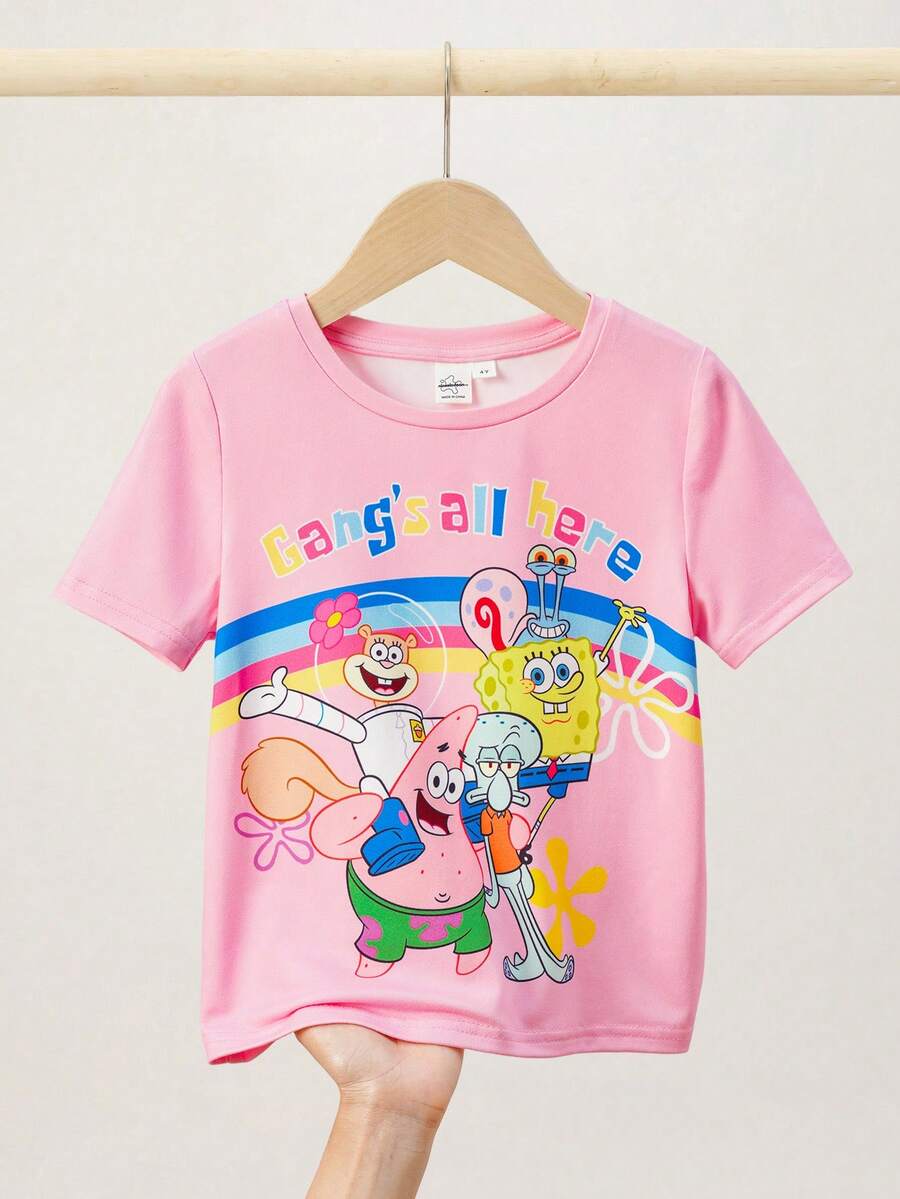 SpongeBob SquarePants | SHEIN Áo thun ngắn tay in chữ hoạt hình ngộ nghĩnh dành cho bé gái, thích hợp mặc đi nghỉ mát và đi làm, mùa hè. - Hồng - Xem 1
