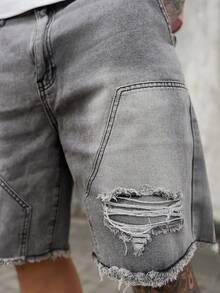 Artur Kramer Pantalones cortos de mezclilla con bolsillos, borde deshilachado y rasgados, de moda para hombres - Gris Claro - Ver 3