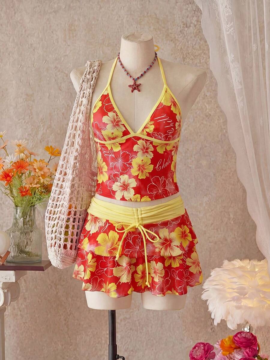 Bellisia 女士春夏沙滩音乐节印花撞色裹身系带荷叶边下摆半身裙三件套 - 彩色 - 查看 1