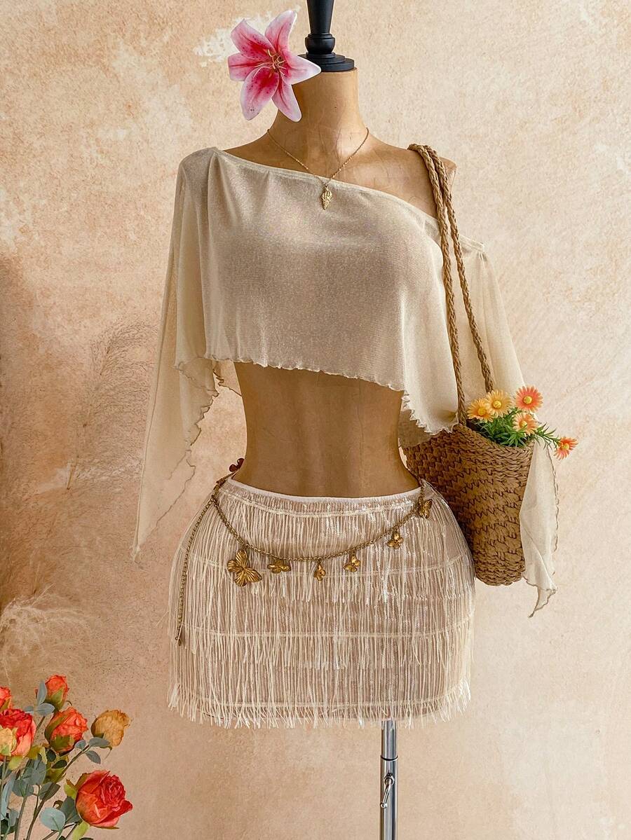 Soleia Women's Off-Shoulder Vacation Sheer Asymmetric Top And Tassel Decor Fashionable Mini Skirt 2 Pieces Set - Gold - View 1