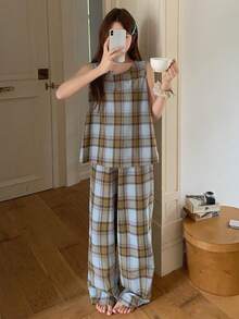 Livesso Women's Plaid Vest And Pants Pajama Set - Purple - View 8
