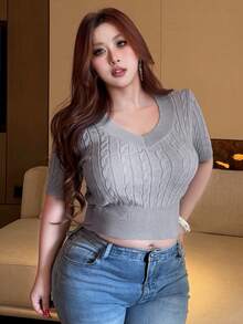 Dazy Plus 大码女式V领裹身纯色麻花针织短款毛衣上衣，灰色，春夏款 - 灰色 - 查看 7