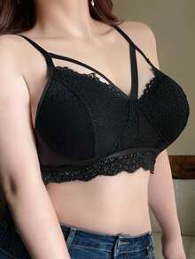 Dazy Plus Sutiã Elegante com Recortes de Renda Plus Size para Mulheres - Preto - Visão 6