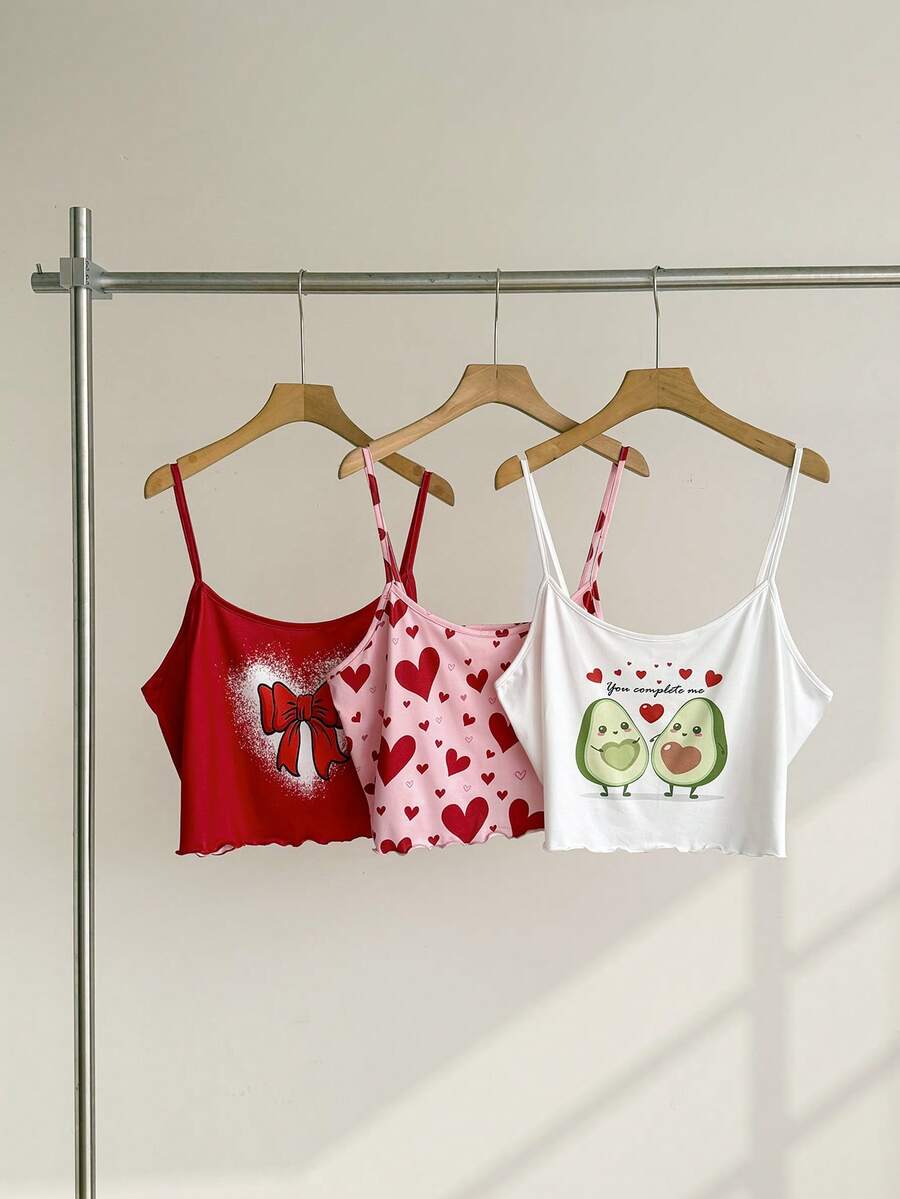 Slumberry CURVE 3pcs/Set Cute Avocado Heart Bow Print Camisole Plus Size Women Sleepwear Top - Multicolor - View 1