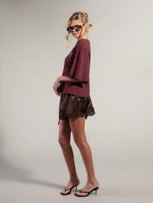 Rouah Casual Boxy Embroidered Tassel Detail Oversized T-Shirt For Women - Perfect For Summer - Rusty Rose - View 6