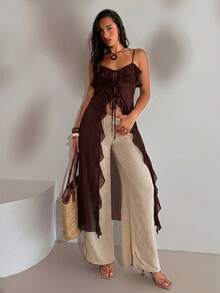 Aloruh Women's Sexy Bohemian Style Solid White Sheer Extra Long Blouse, Women's Music Festival Top,Summer Top - Coffee Brown - View 8