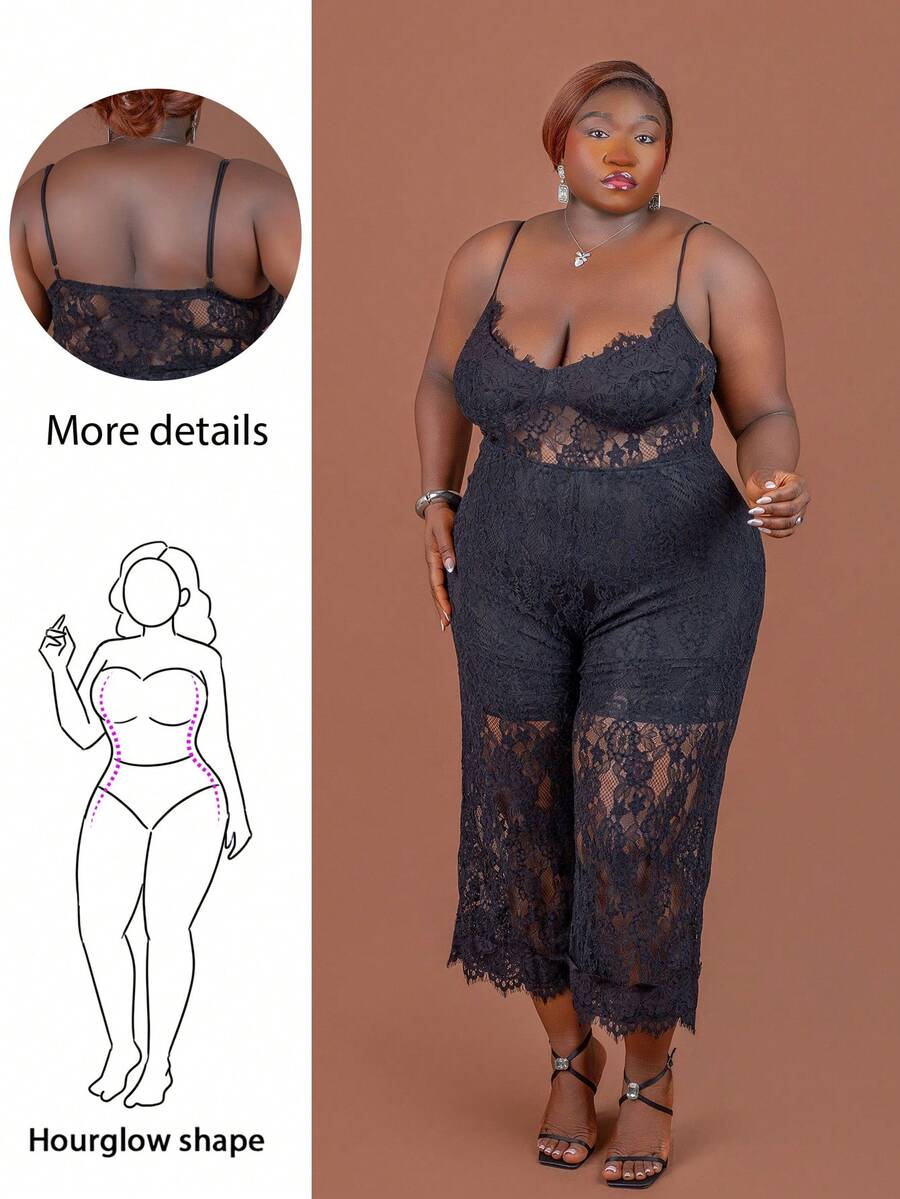 CurvyTilda Große Größen Damen einfarbiger schwarzer Spitzen-Camisole Jumpsuit, sexy transparenter Spitzen-Jumpsuit, elegantes Damen Alltagsoutfit, Ausgehoutfit, Partytragen, asymmetrischer Weitbein-Jumpsuit, Valentinstag-Jumpsuit, lässiger anmutiger Jumpsuit, für Sanduhrfigur - Schwarz - Übersicht 1