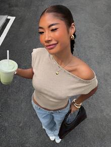 Muchica Women's Solid Color Off-Shoulder Casual Versatile Knit Top For Daily Wear Everyday Khaki Green Autumn - Khaki - View 6