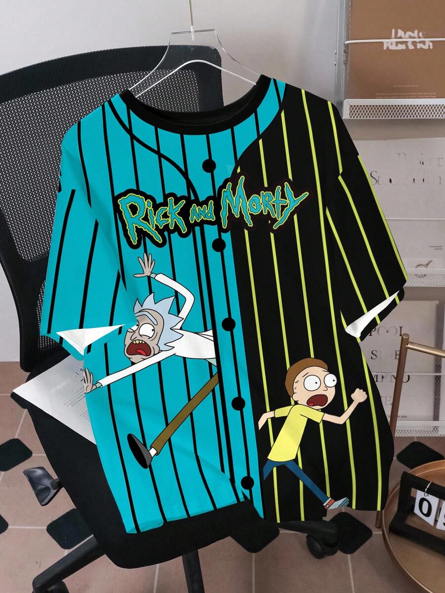 Rick and Morty X SHEIN Men's Round Neck Casual Letter & Cartoon Print T-Shirt, Versatile For Daily Wear - White - View 1