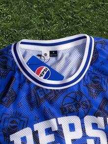 PEPSI X SHEIN PAVTROS 男士休閒寬鬆版型數字印花圓領背心，足球風 - 藍色 - 查看 7