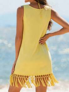 Swim Vcay Women's Solid Color Tassel Hem Cover Up Dress, Vacation - Light Yellow - View 2