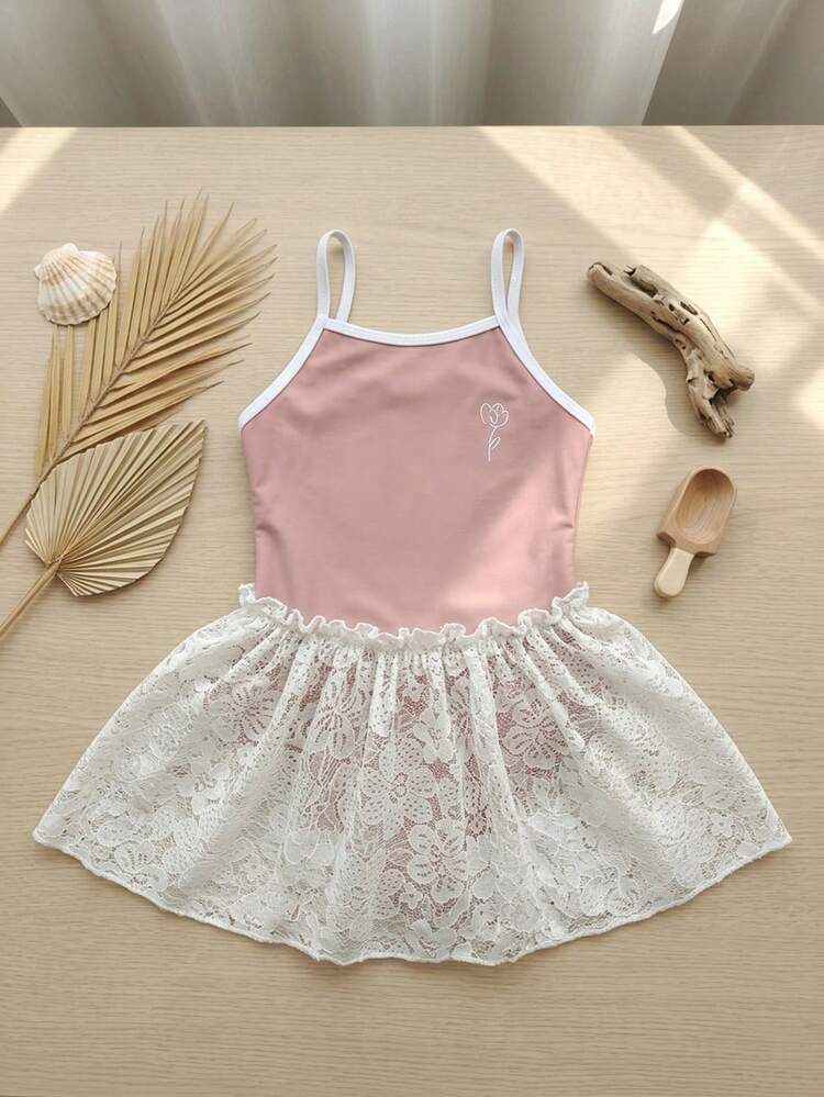 1pc Girls Lace Princess Swimsuit, One-Piece Swimwear For Young Girl, Vacation Summer