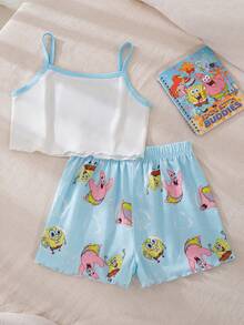 SpongeBob SquarePants | SHEIN 2pcs/Set Tween Girl Cartoon Print Cute Style Camisole Top & Shorts Pajama Set - Multicolor - View 2