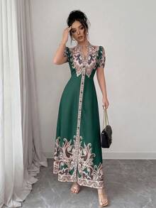 Vestido elegante de línea A con estampado digital de retazos, cuello en V profundo y cintura ceñida, color albaricoque, adecuado para cenas formales, citas y bodas de mujeres (estampado de colocación) - Verde Oscuro - Ver 4