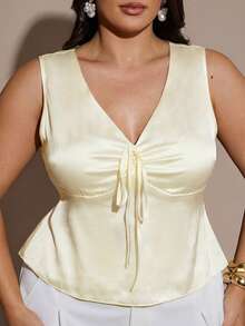 SHEIN BAE Áo tank top nữ cỡ lớn, kiểu dáng thường ngày, buộc dây phía trước, màu trơn, thích hợp cho mùa hè. - Màu be - Xem 5