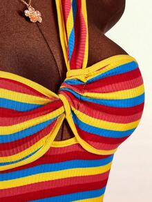 Amplova Conjunto de 2 piezas de top sin mangas con nudo retorcido a rayas y shorts, para vacaciones - Multicolor - Ver 9