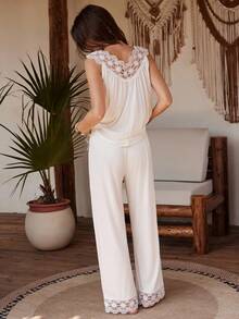 Lullawish Bộ đồ ngủ nữ phong cách Bohemian dáng rộng, cổ chữ V, ren khoét lỗ. - trắng - Xem 2