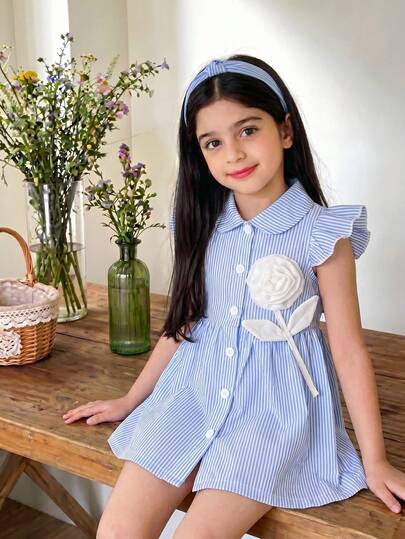 SHEIN Playful Pals 1pc Baby Girls Peter Pan Collar Ruffled Cap Sleeve Dress, Button Front Sleeveless A-Line High Waist Striped 3D Floral Rose Print Fashion Versatile Casual Dress For Daily Wear, Travel & Holiday, Summer New Arrival Blue And White Striped Baby Dress