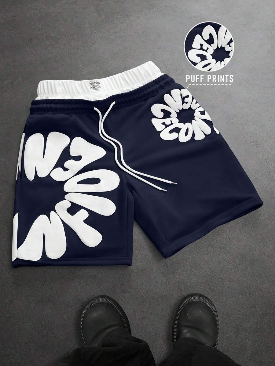 SLATEMANN Men's Letter Print Drawstring Waist Casual Versatile Shorts - Navy Blue - View 1
