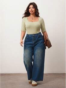 Enliva Plus-Size Women's Striped Square Neck Short-Sleeved T-Shirt,High-Elasticity Slim-Fit Skin-Friendly Yellow Summer Smart Casual Everyday Rounded Figures - Multicolor - View 8