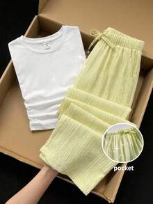 SHEIN Tween Girls' Casual Matching Set - Round Neck Top And Basic Textured Pants, Relaxed College Style Outfit For Summer Holidays - Yellow - View 3