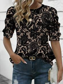 EMERY ROSE Blusa con diseño floral de encaje para mujer, camiseta de manga de pétalo de cuello redondo cómoda, adecuada para uso diario en primavera/verano - Multicolor - Ver 3
