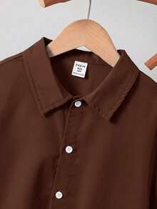 SHEIN Tween Boy Vacation Style Solid Color Collar Button-Up Slim Fit Short Sleeve Shirt - Brown - View 5
