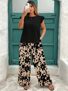 EMERY ROSE Plus Size Solid Color Top And Minimalist Floral Print Casual Loose Fit Two Pieces Set - Multicolor - View 8
