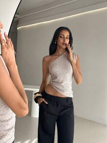 Aloruh Blusa casual de punto con decoración metálica en el hombro, elegante para el uso diario y el trayecto al trabajo, para el verano - Caqui - Ver 6