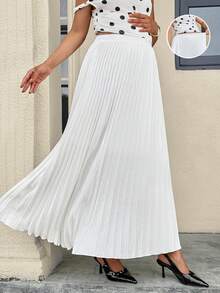 MaterniWear Maternity Solid Color Pleated Long Casual Skirt - White - View 10