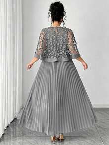 Elenzga Plus Size Women Elegant 3D Floral Mesh Pleated Dress - Grey - View 2