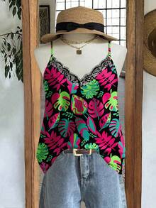 Mellowie Plus Size Women Tropical Textured Floral Contrast Lace Camisole - Multicolor - View 3