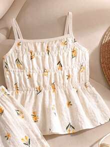 SHEIN Elladie kids Bộ 2 món dễ thương cho bé gái: áo hai dây và quần ống rộng, họa tiết hoa vàng, trang phục đi biển thường ngày. - Màu vàng - Xem 5
