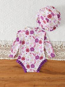 Newborn Baby Girls' One-Piece Long Sleeve Floral Print Swimsuit With Ruffled Trim & Swim Cap, 2pcs Set, Suitable For Vacation, Summer Fashion, Swimming Pool, Beach, Holiday Party - Multicolor - View 2