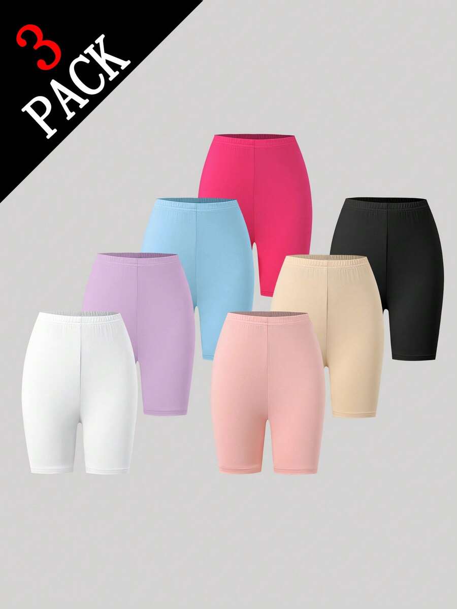 SHEIN 3条/包 女童百搭日常穿着弹力多功能黑色打底裤 - 彩色 - 查看 1