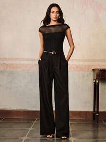 Anewsta Blusa de mujer de verano nueva con parches de malla y tejido de punto, conjunto sexy y elegante - Negro - Ver 6