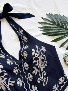 Soleia Top corto con cuello de halter, bordado de flores negras sobre base de color albaricoque, con lazo, adecuado para festivales de música - Azul Marino - Ver 3