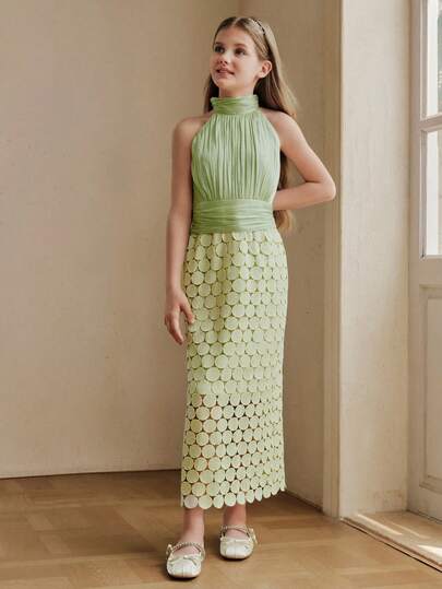  Vestido sin mangas de niña con falda de tela brillante, parche de encaje y adorno de flecos, silueta recta, nueva llegada de primavera/verano de Anewsta