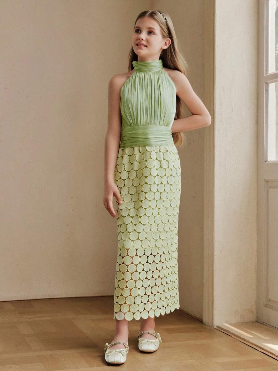 Anewsta 春夏新款女童无袖梭织连衣裙，亮面面料裙摆，蕾丝拼接和流苏饰边，直筒版型 - 綠色 - 查看 1
