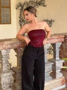 Jeta Ari 1件女士紫色鳄鱼纹涂层弹力褶皱露背吊带背心，性感休闲街头派对俱乐部情人节假日嬉皮风背心 - 酒紅色 - 查看 6