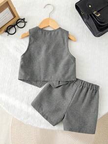 Conjunto de moda de chaleco de doble botonadura de unicolor y pantalones cortos para bebé niño, adecuado para banquetes, bodas y múltiples ocasiones - Gris Claro - Ver 5